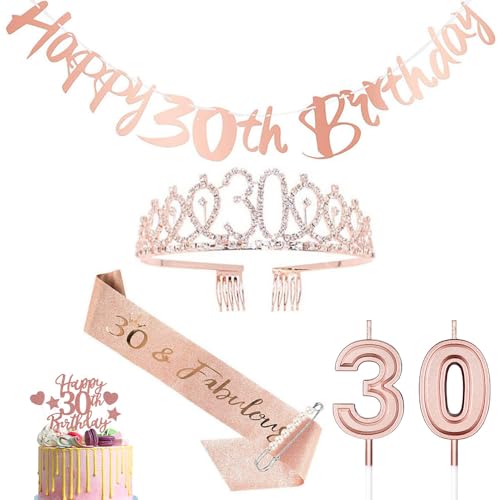 30. Geburtstag Krone und Schärpe, Happy 30th Birthday Roségold Tiara für Mädchen, 30 Geburtstag Kerzen Kuchen Cake Topper Banner Geburtstagparty Dekoration Zubehör für Prinzessin Frauen Geschenke von YCFAIIKG