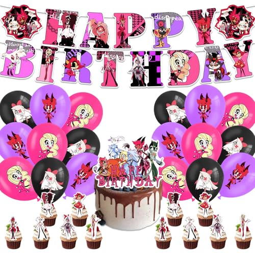 32 Pcs Hotel Thema Party Ballon Dekoration Set,Happy Birthday Banner Latex Luftballons Cake Topper,Hazb Hotel Cartoon Aufkleber,Geburtstag Party Zubehör Für Jungen Und Mädchen von YCFAIIKG