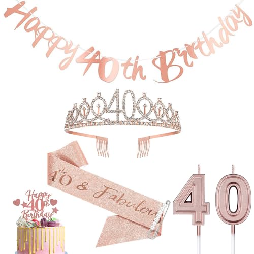 40.Geburtstag Krone und Schärpe, Happy 40th Birthday Roségold Tiara für Mädchen, 40 Geburtstag Kerzen Kuchen Cake Topper Banner Geburtstagparty Dekoration Zubehör für Prinzessin Frauen Geschenke von YCFAIIKG