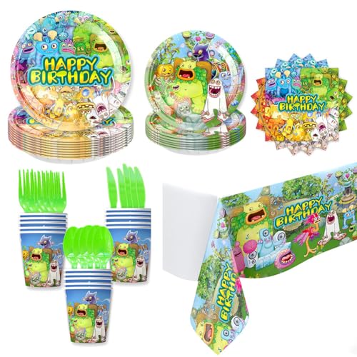 81pcs Singer Monster Partygeschirr, Sänger Monster Geburtstag Party Geschirr Set, Teller, Tasse, Taschentuch, Messer, Gabel, Löffel, Tischdecke, Monsters Partygeschirr für 10 Gäste von YCFAIIKG