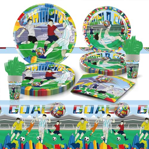 Fußballstars Partygeschirr, 81pcs Fußball Sport Party Geschirr Fußball Platte Geschirr Papierteller Tischdecke Tassen Servietten Geburtstag Dekoration für Fußballfans Feiern Sie den Sieg Partyzubehör von YCFAIIKG