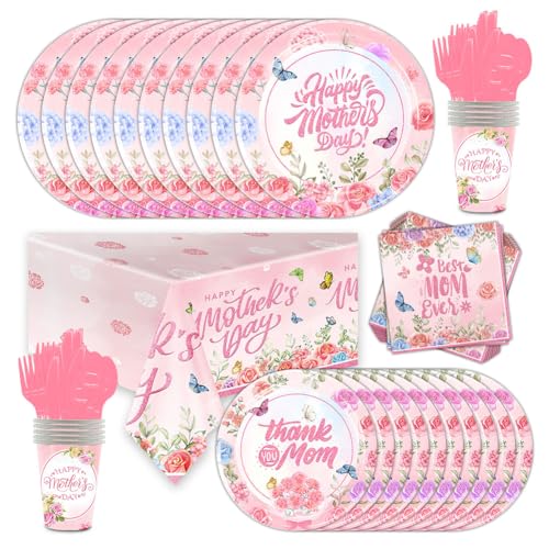 Muttertag Party Geschirr Set, 97pcs Mother's Day Motto Partybesteck Muttertag Prinzessin Partygeschirr, Pappteller, Servietten, Pappbecher, Tischdecke, Geschirr Dekoration für Muttertag party von YCFAIIKG