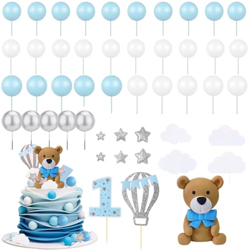 YCFAIIKG Blau Tortendeko Set,33PCS Bären Geburtstag Deko, Blau Kindergeburtstag Deko, Geburtstag Cake Topper, Babyparty Deko Mädchen Junge, Geburtstag for Baby 1 Jahr Geburtstag Deko von YCFAIIKG