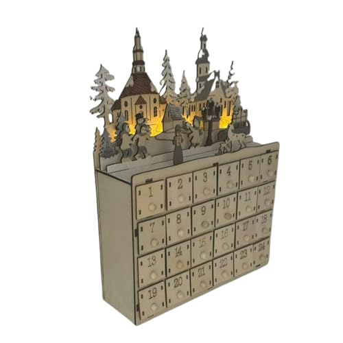 Beleuchteter Holz Adventskalender Mit 24 Schubladen Countdown Bis Weihnachten Dekoration Handgefertigte Desktop Ornament Zubehör von YCHUCH