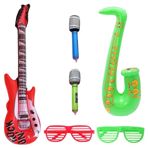 YCHYAN 6 Stück Aufblasbare Instrumente Spielzeug Set, Rock Aufblasbare Gitarre, Mikrofon Aufblasbar Party Dekorationsballon, Aufblasbare Party Props, Ideal für Wasserpartys und Musikalische Feste von YCHYAN