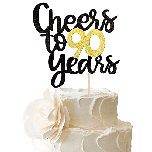 1 Packung Cheers to 90 Years Cake Topper Black and Gold Glitter Assembled 90th Birthday Cake Pick Happy 90th Cake Decoration for 90th Anniversary Ninty Birthday Party Decorations Supplies von YCTHUNFISH