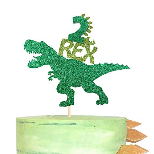 1 Packung Dinosaurier 2. Rex Happy Birthday Kuchenaufsatz Glitzer T-Rex Zweites Kuchenplektren Babyparty 2. Geburtstag Dinosaurier Thema Party Kuchen Dekorationen Zubehör Grün von YCTHUNFISH