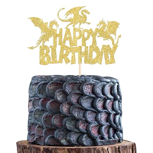 1 Packung Drachen Happy Birthday Tortenaufsatz Glitzer Fantasy Geburtstag Kuchen Pick für Mittelalter Drachen Thema Babyparty Kindergeburtstag Party Kuchen Dekorationen Supplies Gold von YCTHUNFISH