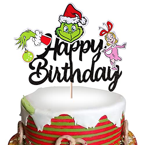 1 Packung Grinches Happy Birthday Cake Topper Frohe Weihnachten Happy Birthday Cupcake Picks für Thema Grinches Weihnachten Thema Geburtstag Babyparty Weihnachten Party Kuchen Dekorationen Schwarz von YCTHUNFISH