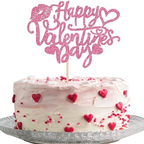 1 Packung Happy Valentine's Day Cake Topper Glitzer Sweet Love Herz Lippen Valentinstag Kuchen Pick für Happy Valentine's Day Verlobung Thema Geburtstag Party Kuchen Dekorationen Supplies Rosa von YCTHUNFISH