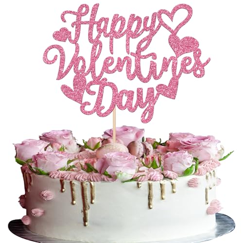 1 Packung Happy Valentine's Day Cake Topper Glitzer Sweet Love Herz Valentinstag Kuchen Pick für Happy Valentine's Day Verlobung Thema Geburtstag Party Kuchen Dekorationen Supplies Rosa von YCTHUNFISH