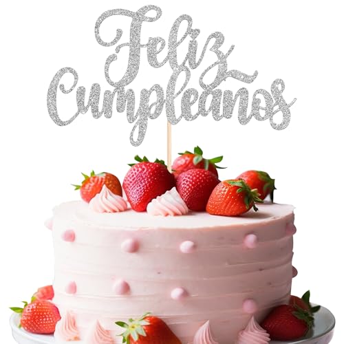 1 Packung Spanische Feliz Cumpleaños Tortenaufsatz Glitzer Happy Birthday Fiesta Cake Pick Feliz Cumpleaños Mexikanische Fiesta Geburtstag Kuchen Dekoration Party Supplies Silber von YCTHUNFISH