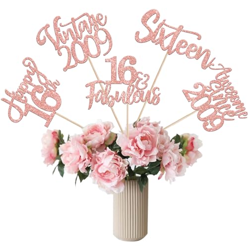 15 Stück Happy 16th Birthday Tafelaufsatz Sticks Glitter Straight Outta 2009 Sixteen 16 Years Old Awesome Since 2009 Table Flower Centerpiece Sticks for 16 Fabulous Theme Party Supplies Rose Gold von YCTHUNFISH