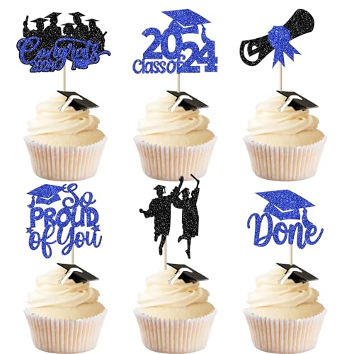 24 Stück 2023 Graduation Cupcake Toppers Glitter So Proud of You Cupcake Picks Diplom Done Congrats 2023 Cupcake Dekorationen für Klasse 2023 Abschluss Thema Party Supplies Blau Schwarz von YCTHUNFISH