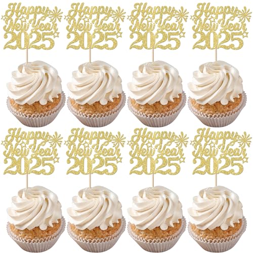 24 Stück 2023 Happy New Year Cupcake Toppers Glitzer Hello 2023 Feuerwerk Cupcake Picks für Willkommen 2023 Happy New Year Eve Kuchen Dekorationen Party Supplies Gold von YCTHUNFISH