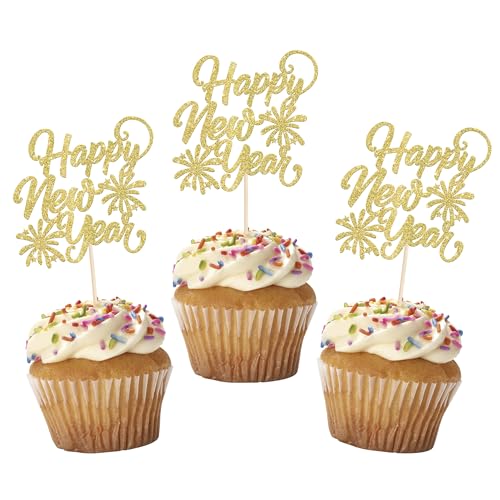 24 Stück 2025 Happy New Year Cupcake Toppers Glitter Hello 2025 Feuerwerk Cupcake Picks für Willkommen 2025 Happy New Year's Eve Kuchen Dekorationen Party Supplies Gold von YCTHUNFISH