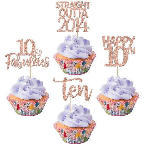 24 Stück Cheers to 10 Years Birthday Cupcake Toppers Glitter Ten Straight Outta 2013 Cupcake Picks Happy 10th Cake Dekorationen für Happy 10th Birthday Anniversary Party Supplies Rose Gold von YCTHUNFISH