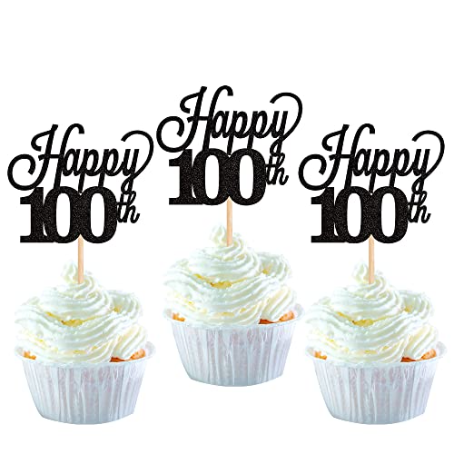 24 Stück Happy 100th Cupcake Topper Glitter Number 100 Fifteen Birthday Cupcake Picks Dekorationen für 100th Birthday Wedding Anniversary Party Supplies Black von YCTHUNFISH