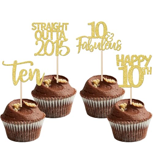 24 Stück Happy 10th Cupcake Toppers Glitter Ten Straight Outta 2013 Cupcake Picks Cheers to 10 Years Birthday Kuchen Dekorationen für Happy 10th Birthday Anniversary Party Supplies Gold von YCTHUNFISH