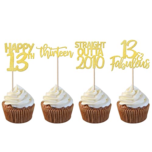 24 Stück Happy 13th Cupcake Topper Glitzer Dreizehn Straight Outta 2010 Cupcake Picks Cheers to 13 Years Birthday Kuchen Dekorationen für Happy 13th Birthday Anniversary Party Supplies Gold von YCTHUNFISH