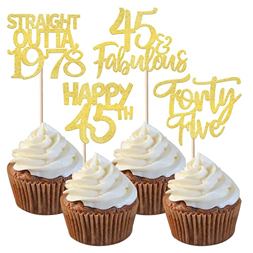 24 Stück Happy 45th Cupcake Topper Glitzer Forty-five Straight Outta 1978 Cupcake Picks Cheers to 45 Years Birthday Kuchen Dekorationen für Happy 45th Birthday Anniversary Party Supplies Gold von YCTHUNFISH