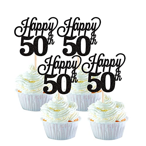 24 Stück Happy 50th Cupcake Topper Glitter Number 50 Cupcake Picks Cheers to 50 Cake Picks Dekorationen für 50. Geburtstag, Hochzeitstag, Partyzubehör, Schwarz von YCTHUNFISH