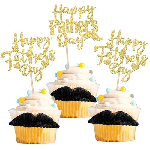 24 Stück Happy Father's Day Cupcake Topper Glitter Best Dad Cupcake Picks Love Dad Moustache Cake Decorations for Happy Father's day Thema Men Birthday Party Supplies Gold von YCTHUNFISH