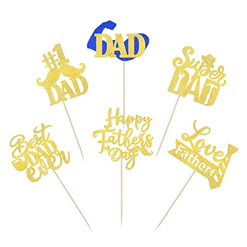 24 Stück Happy Father's Day Cupcake Topper Glitter Best Dad Ever Cupcake Picks Love Father #1 Dad Tie Moustache Hat Glaswerkzeug Kuchendekorationen für Happy Father's day Thema Men Birthday Party Supplies Gold von YCTHUNFISH