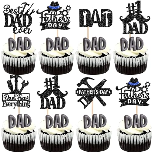 24 Stück Happy Father's Day Cupcake Topper Glitter Best Dad Ever Cupcake Picks Love Father #1 Dad Tie Moustache Hat Tool Cake Decorations for Happy Father's day Thema Men Birthday Party Supplies Black von YCTHUNFISH