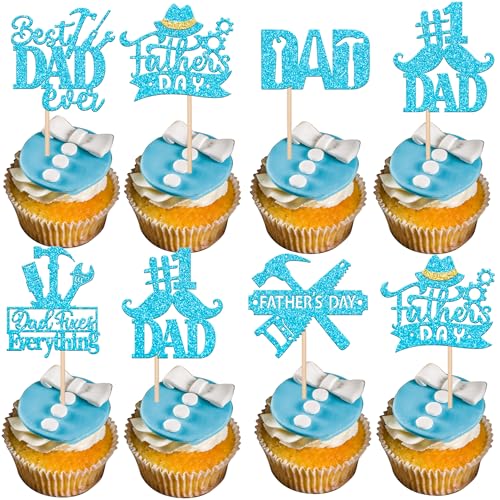 24 Stück Happy Father's Day Cupcake Topper Glitter Best Dad Ever Cupcake Picks Love Father #1 Dad Tie Moustache Hat Tool Cake Decorations for Happy Father's day Thema Men Birthday Party Supplies Blau von YCTHUNFISH