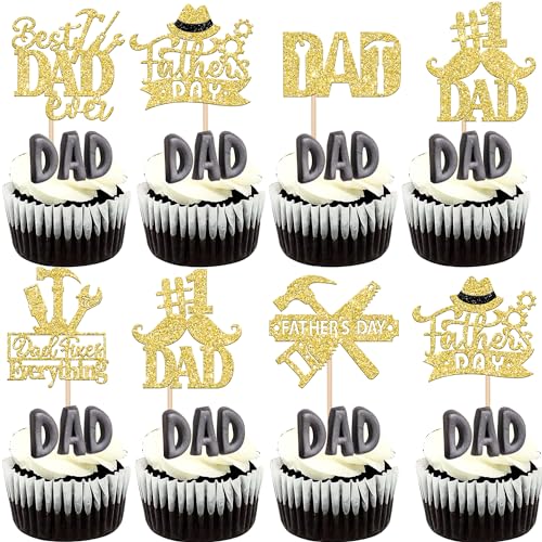 24 Stück Happy Father's Day Cupcake Topper Glitter Best Dad Ever Cupcake Picks Love Father #1 Dad Tie Moustache Hat Tool Cake Decorations for Happy Father's day Thema Men Birthday Party Supplies Gold von YCTHUNFISH