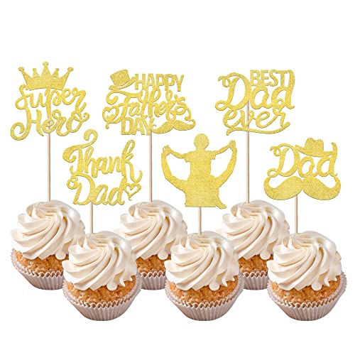 24 Stück Happy Father's Day Cupcake Toppers Glitter Super Hero Thank Dad Best Dad Love Dad Best Dad Cupcake Picks Dekoration für Happy Father's Day Männer Geburtstag Party Kuchen Dekorationen Supplies Gold von YCTHUNFISH