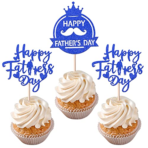 24 Stück Happy Father's Day Cupcakes Topper Glitter Best Dad Cupcake Picks Love Dad Crown Moustache Cupcake Dekorationen Happy Father's Day Cake Decorations Supplies for Men Blue von YCTHUNFISH