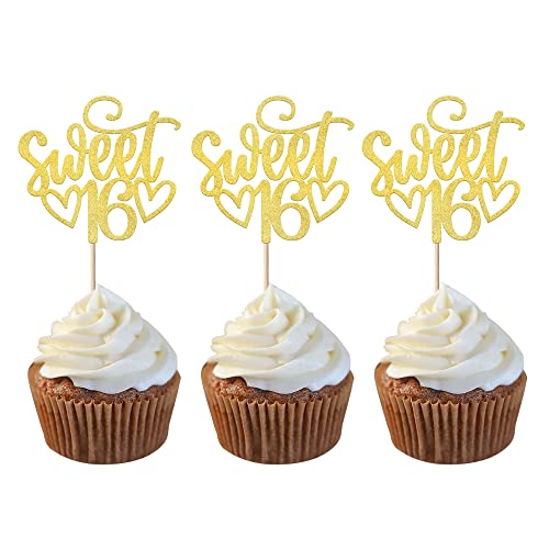 24 Stück Happy Sweet 16 Cupcake-Topper Glitzer Sixteen 16. Geburtstag Cupcake Picks Cheers to 16 Years Old Cupcake Dekorationen für 16. Geburtstag Jahrestag Party Kuchen Dekorationen Zubehör Gold von YCTHUNFISH