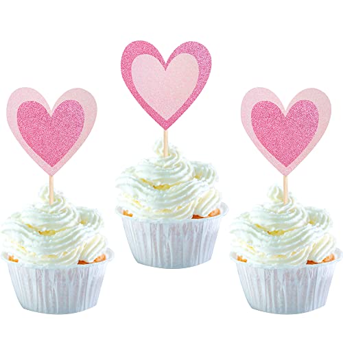 24 Stück Herz Cupcake Toppers Glitter Double Layers Sweet Love Heart Valentinstag Cupcake Lebensmittel Picks Valentinstag Thema Hochzeit Geburtstag Party Kuchen Dekorationen Zubehör Rosa Hellrosa von YCTHUNFISH