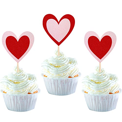 24 Stück Herz Cupcake Toppers Glitzer Doppelschichten Süße Liebe Herz Valentinstag Cupcake Lebensmittel Picks Valentinstag Thema Hochzeit Brautdusche Geburtstag Party Kuchen Dekorationen Supplies Rot Pink von YCTHUNFISH