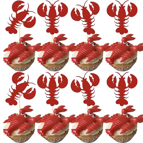 24 Stück Krebse Cupcake Topper Rot Glitter Lobster Cupcake Lebensmittel Picks Brautdusche Junggesellinnenabschied Meerestier Thema Babyparty Kinder Geburtstag Party Kuchen Dekorationen Zubehör Rot von YCTHUNFISH