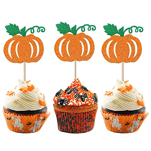 24 Stück Kürbis-Cupcake-Topper Glitzer Herbst Thema Cupcake Picks Herbst Ernte Kürbis Thema Babyparty Geburtstag Erntedankfest Halloween Party Kuchen Dekorationen Zubehör Orange von YCTHUNFISH