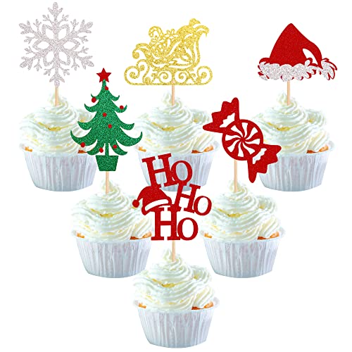 24 Stück Merry Christmas Cupcake Toppers Glitter Candy Schlitten Weihnachtsmütze Baum HOHOHO Cupcake Picks Frohe Weihnachten Thema Happy New Year Urlaub Party Kuchen Dekorationen Zubehör von YCTHUNFISH