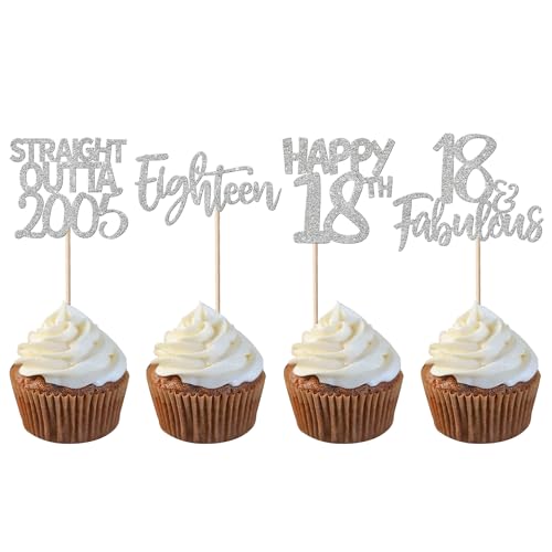 24 Stück Straight Outta 2005 Cupcake Toppers Glitter Eighteen Happy 18th Cupcake Picks Cheers to 18 Years Birthday Cake Decorations for Happy 18th Birthday Anniversary Party Supplies Silver von YCTHUNFISH