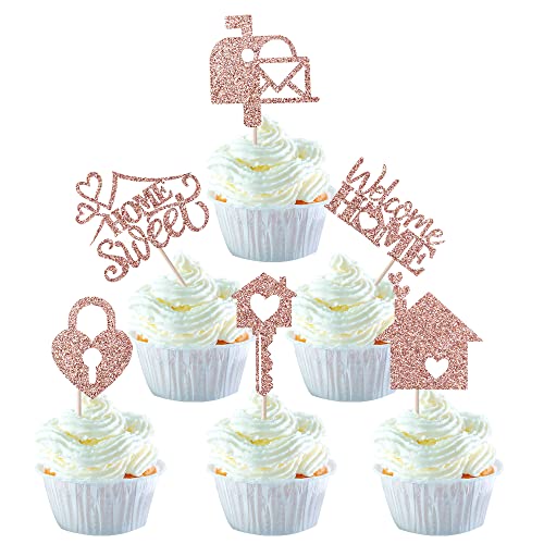 24 Stück Sweet Home Cupcake Topper Glitzer Schlüssel Schloss Einweihungsfeier Cupcake Picks New Home Thema Party Willkommen New House Party Kuchen Dekorationen Supplies Rose Gold von YCTHUNFISH