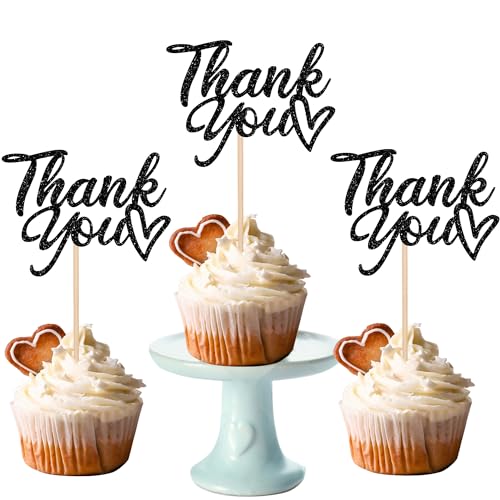 24 Stück Thank You Cupcake Topper Glitzer Thank You Cupcake Picks Thanksgiving Day Cupcake Dekorationen Hochzeit Jahrestag Geburtstag Party Kuchen Dekorationen Schwarz von YCTHUNFISH