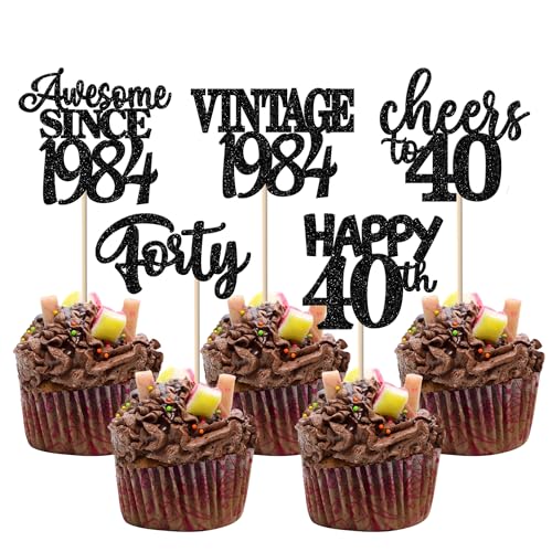 24 Stück Vintage 1983 Cupcake Topper Glitter Forty Happy 40th Cupcake Picks Cheers to 40 Years Birthday Cake Dekorationen for Happy 40th Birthday Anniversary Party Supplies Black von YCTHUNFISH