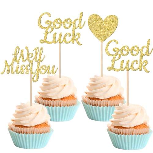 24 Stück We Will Miss You Cupcake Topper Glitter Red Love Heart Good Luck Cupcake Picks Farewell Retirement Thema Going Away Party Kuchen Dekorationen Supplies Gold von YCTHUNFISH