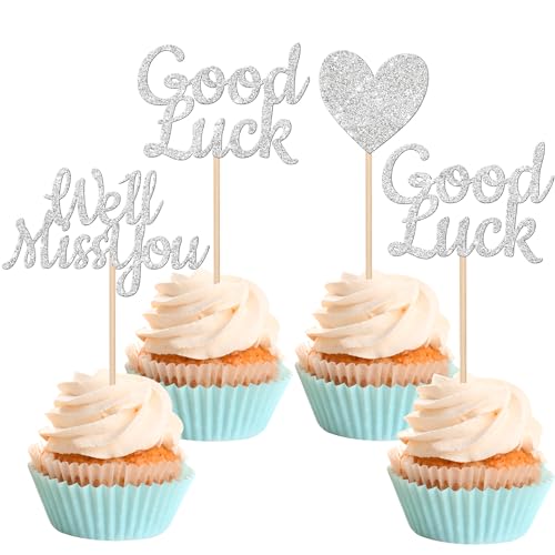 24 Stück We Will Miss You Cupcake Topper Glitter Red Love Heart Good Luck Cupcake Picks Farewell Retirement Thema Going Away Party Kuchen Dekorationen Supplies Silber von YCTHUNFISH