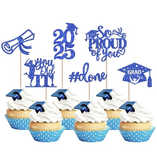 24 Stück blaue 2022 Graduation Cupcake Toppers Glitter So Proud Of You Done Diplom-Grad Cap Cupcake Picks You Did It Kuchen Dekorationen für 2022 Graduation Theme Party Dekorationen Supplies von YCTHUNFISH