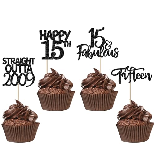 24 Stück gerade Outta 2008 Cupcake-Topper Glitzer Fifteen Happy 15th Cupcake Picks Cheers to 15 Years Birthday Kuchen Dekorationen für Happy 15th Birthday Anniversary Party Supplies Black von YCTHUNFISH