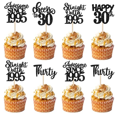 24 Stück glitzernde Cupcake-Topper Vintage 1992 Happy 30th Thirty Awesome Since 1992 Cupcake-Picks 30 fabelhafte Kuchendekorationen für 30. Geburtstag, Hochzeitstag, Partyzubehör, Schwarz von YCTHUNFISH