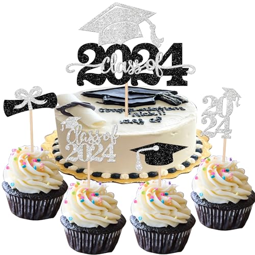 25 Stück 2023 Abschluss Kuchen Topper Glitzer Congrats 2023 Cap Cake Pick Class of 2023 Cupcake Dekorationen für für 2023 Abschluss Thema High School Jungen Mädchen Abschluss Party Supplies Silber Schwarz von YCTHUNFISH