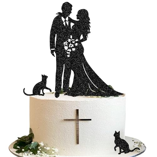 3 x Hochzeitstortenaufsatz mit Glitzer, Brautpaar, Kuchenspieße mit 2 schwarzen Haustier-Katzen, Cupcake-Topper für Hochzeit, Brautparty, Verlobung, Mottoparty, Kuchendekorationen von YCTHUNFISH